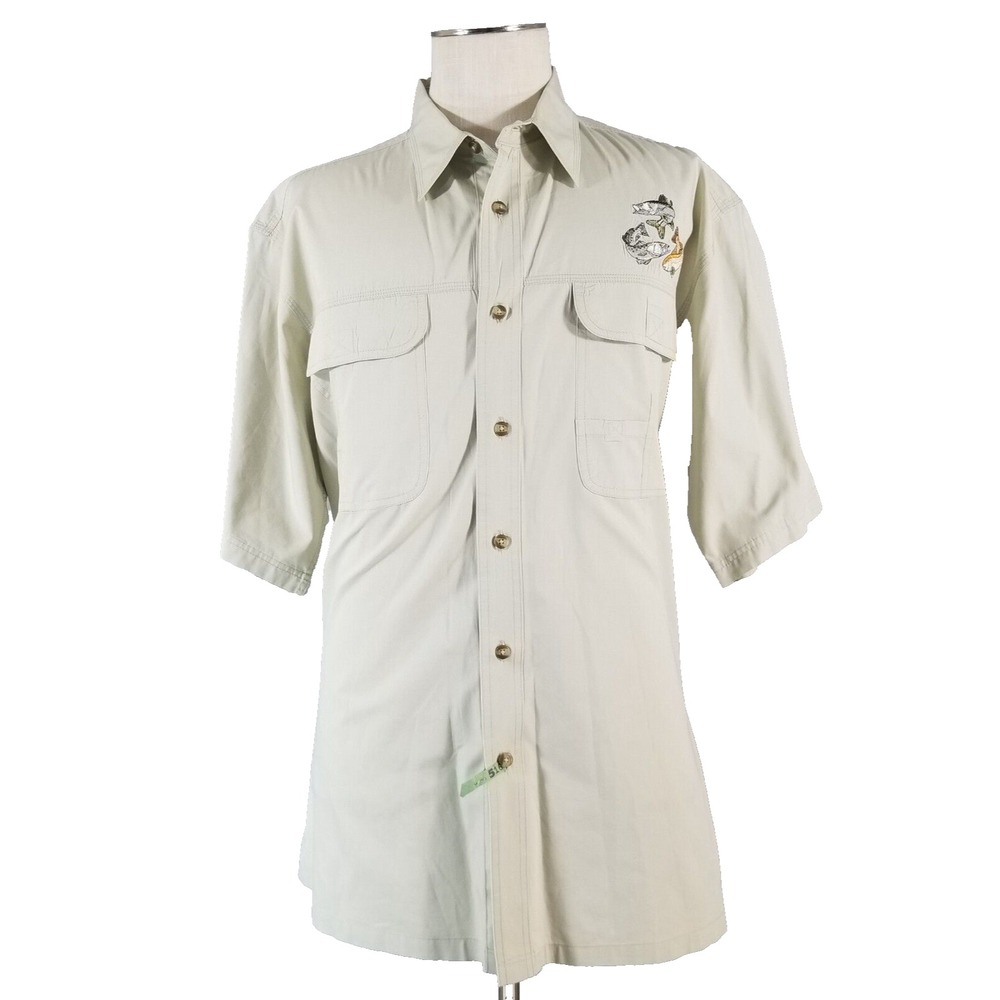 World Wide Sportsman Button Up Mens XL Tan Short Sleeve Fish Snook Trout Cotton